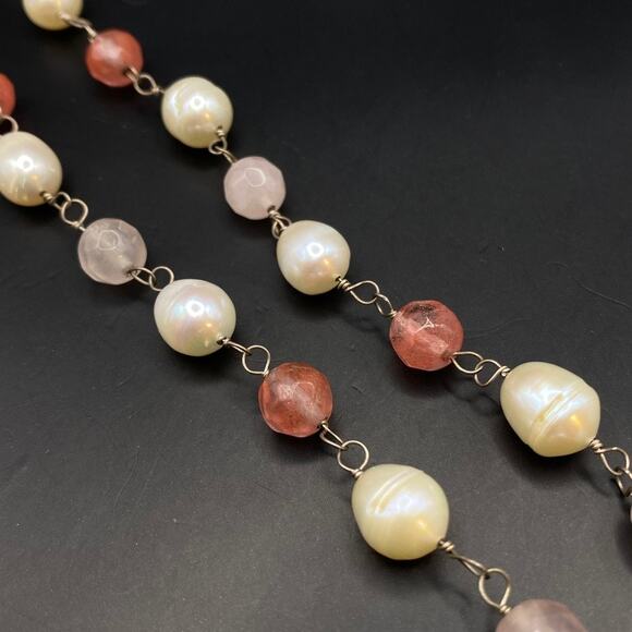 Handmade Vtg Pearl Rose Quartz Beaded Necklace 925 Sterling Silver Chain 16" - Picture 4 of 9
